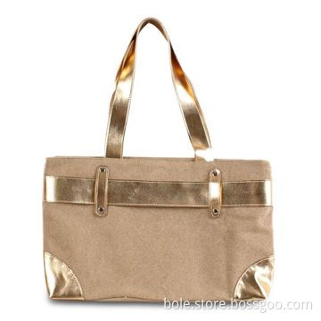 Canvas Handbags with Metallic Leather Handle, Corner and Decoration, OEM/ODM Orders are Welcome